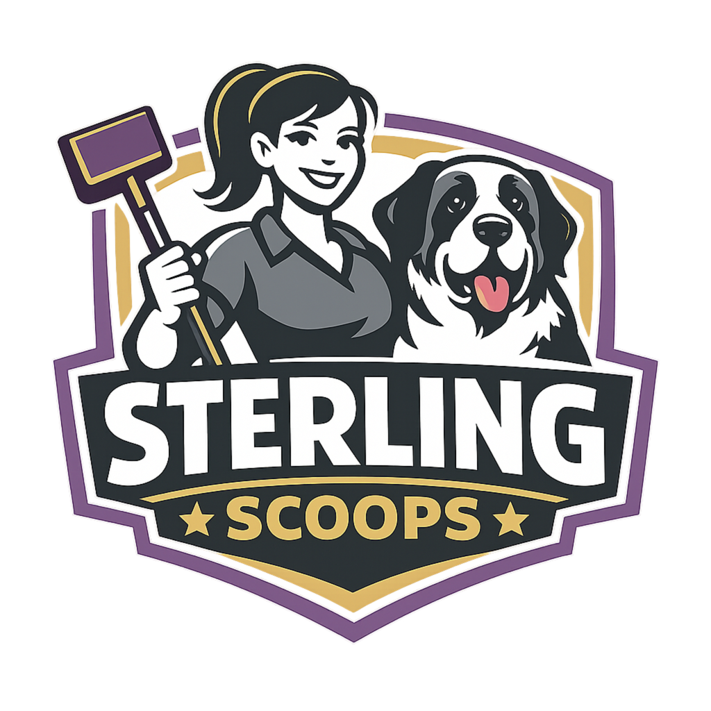 Sterling Scoops business logo with mascot Opie the St. Bernard and Sterling