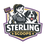 Sterling Scoops business logo with mascot Opie the St. Bernard and Sterling