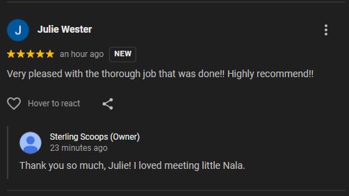 5-star Google review for Sterling Scoops pet waste removal and yard sanitizing in McLeod County MN.